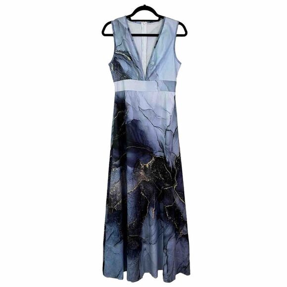 Blue Marbled Maxi Dress Size XS V Neck Boho Summer Long Sleeveless Lightweight - Picture 4 of 11